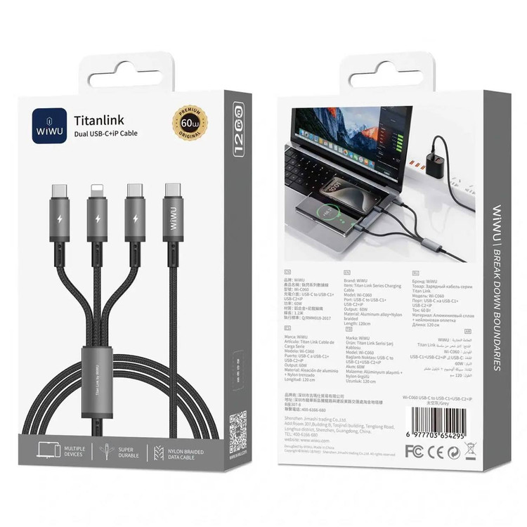 کابل شارژر چند سر ویوو WiWU Wi-C060 توان 60 وات