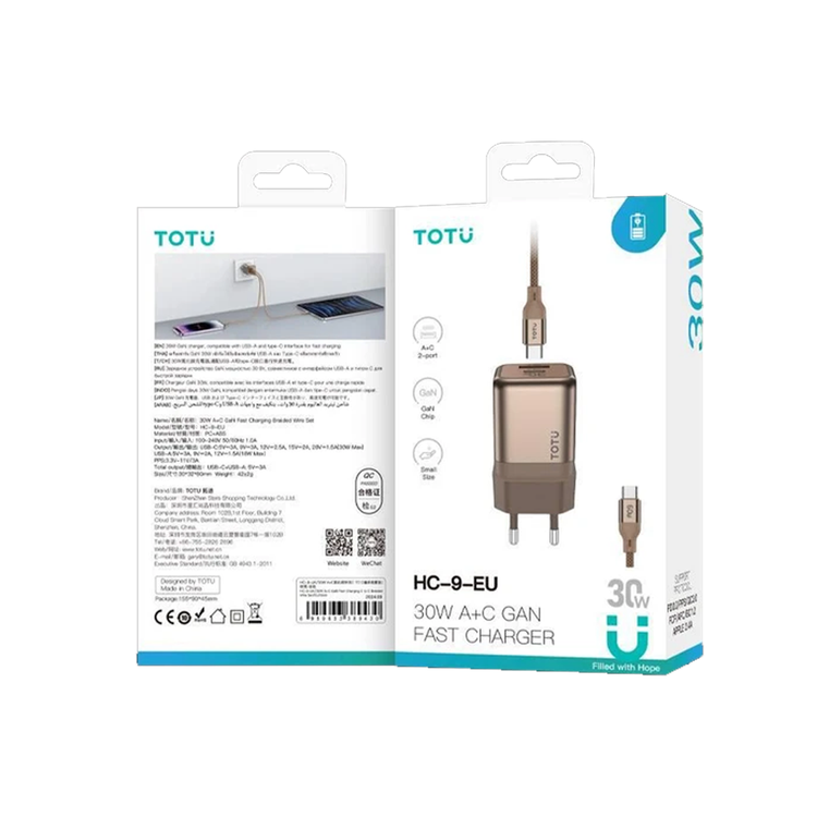 شارژر 30 وات + کابل Type-C برند توتو TOTU مدل HC-9-EU