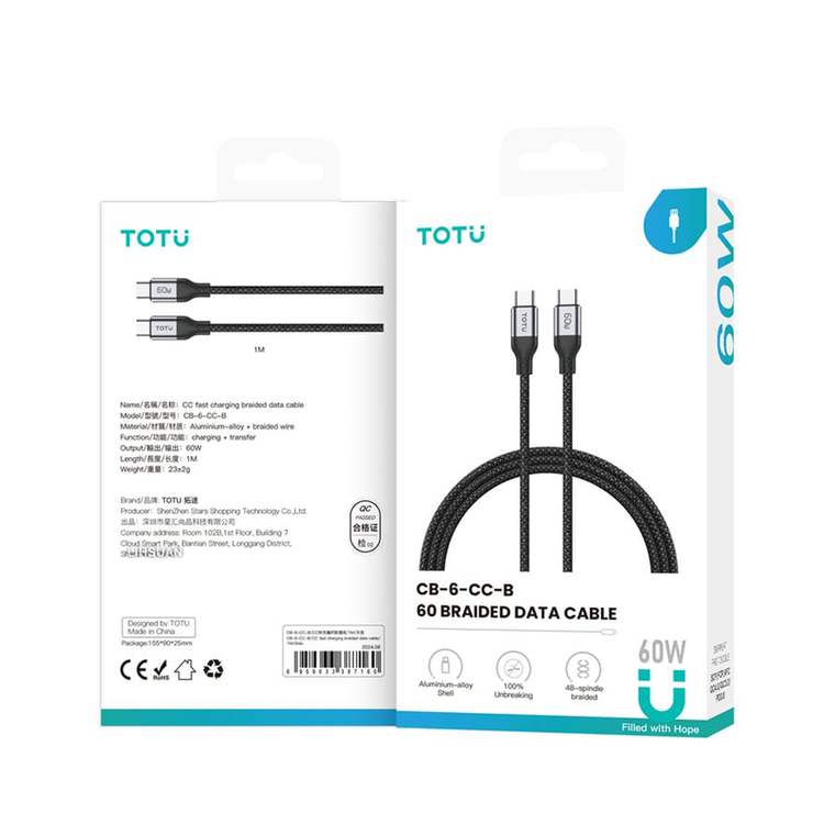 کابل شارژر USB-C to USB-C توتو (TOTU) مدل CB-6-CC-B 60w یک متری