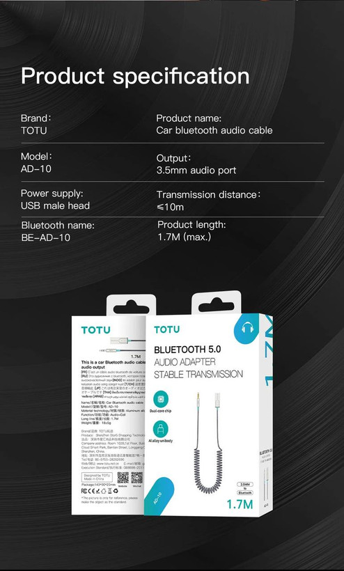 دانگل بلوتوث صوتی TOTU Bluetooth 5.0 Audio Adapter مدل AD-10