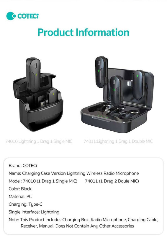 میکروفون یقهای بیسیم لایتنینگ (COTECi) مدل 74011 Wireless Microphone Lightning