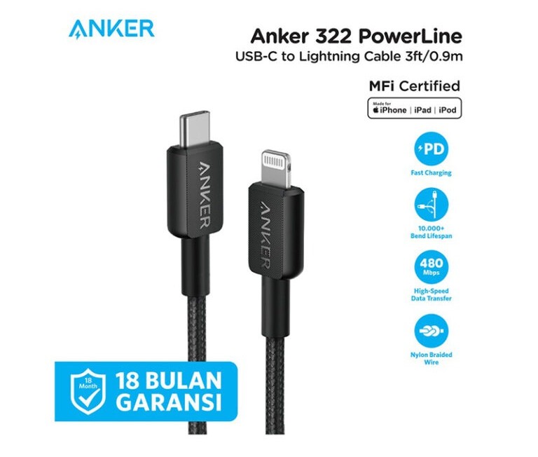 کابل نسل سوم 90 سانتی انکر تایپ سی به لایتنینگ Anker 322 USB-C to Lightning مدل A81B5