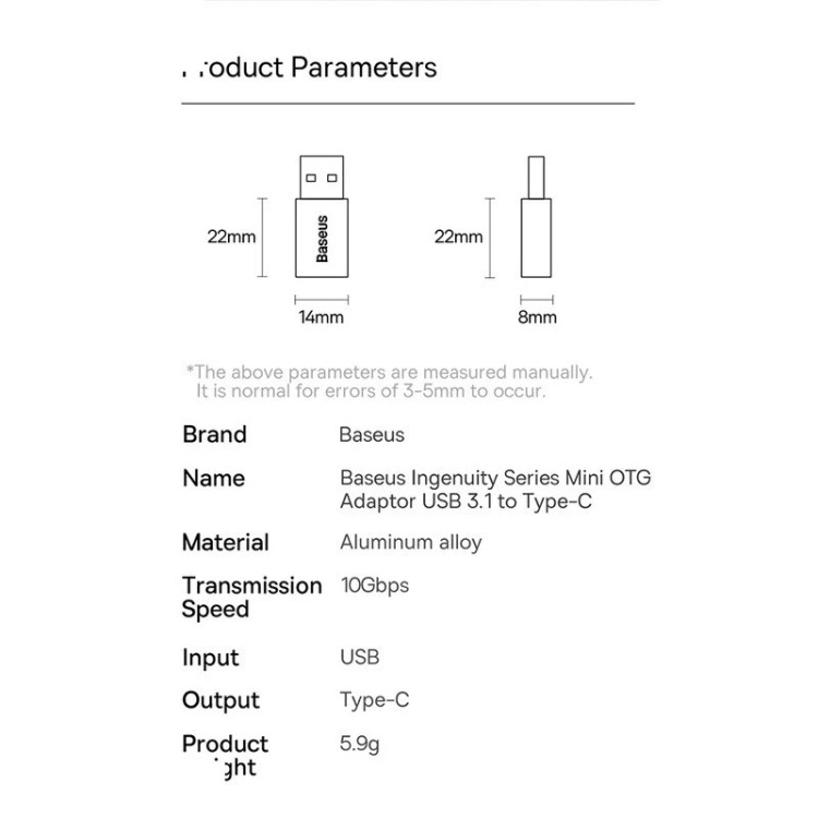 مبدل USB 3.1 به Type-C بیسوس مدل 10Gbps-OTG